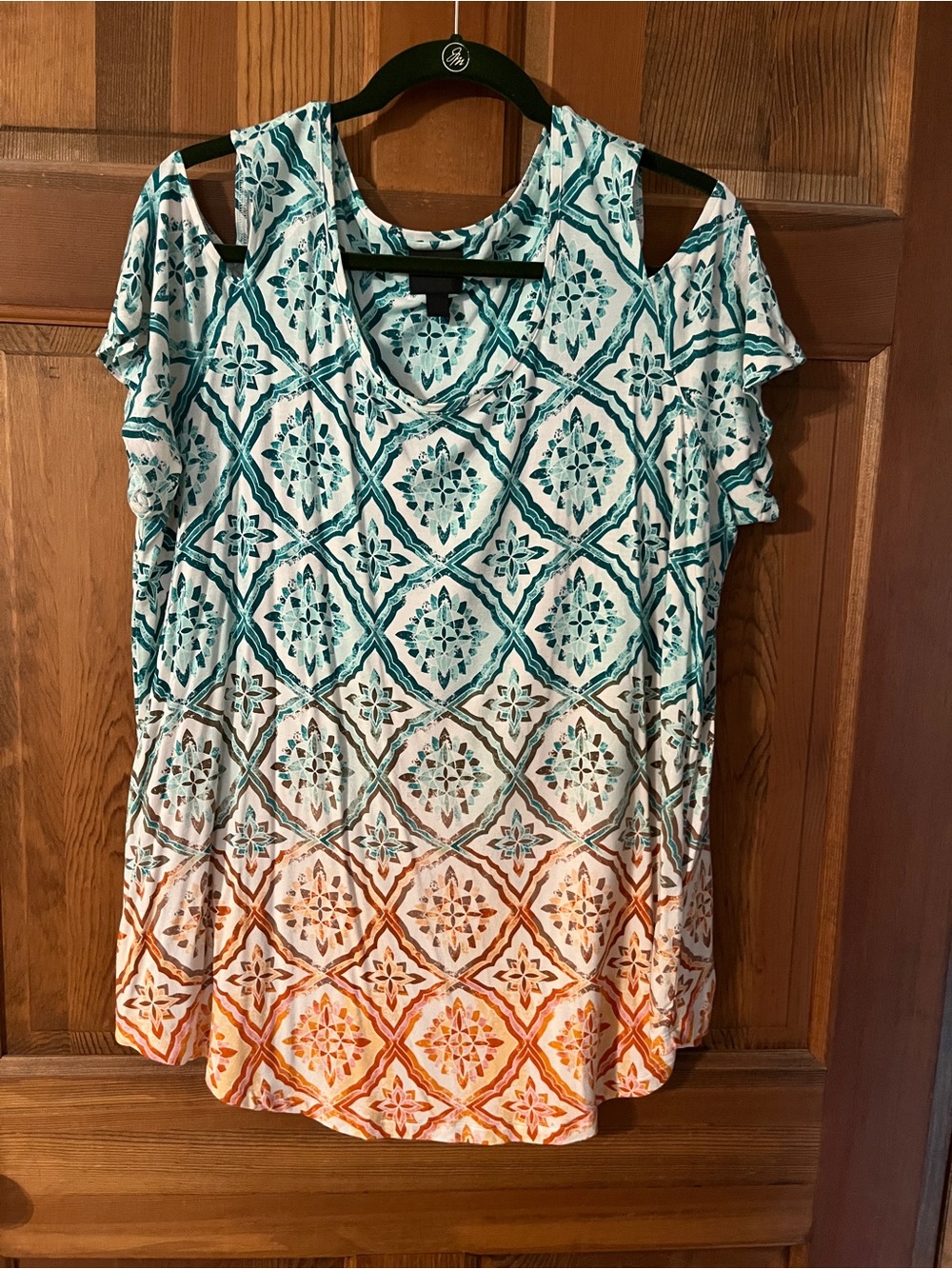 JM Collection Women's Cold-Shoulder Ombre Tile Print Top - Teal & Orange -1X